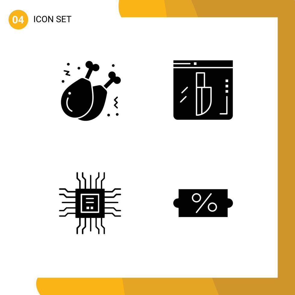 interface mobile glyphe solide ensemble de 4 pictogrammes de cuisse de poulet cpu jambe couteau technologie éléments de conception vectoriels modifiables vecteur