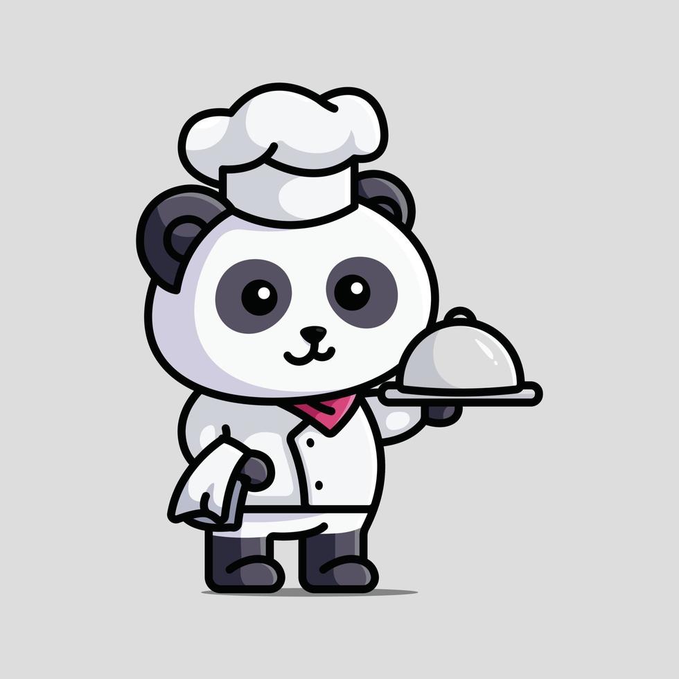 mignon chef panda avec toque et tenant une assiette de service dessin animé illustration vecteur animal