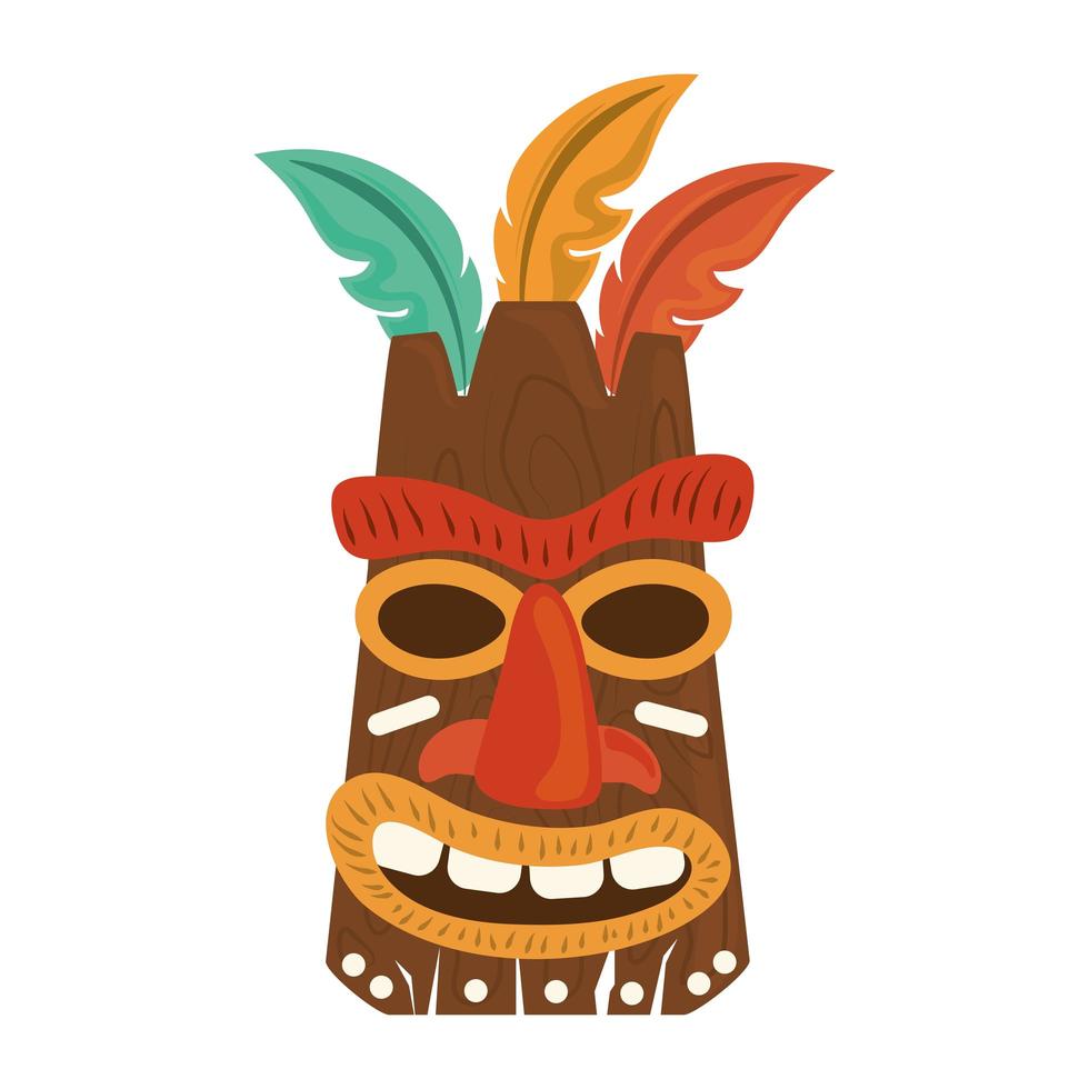 Masque en bois tribal tiki avec plume isolé sur fond blanc vecteur