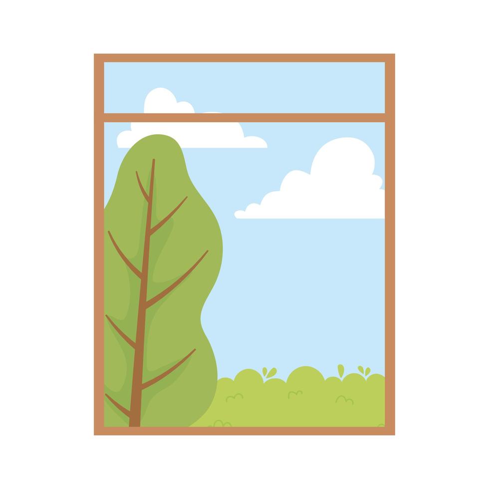 Vue fenêtre paysage arbre herbe ciel design isolé fond blanc vecteur