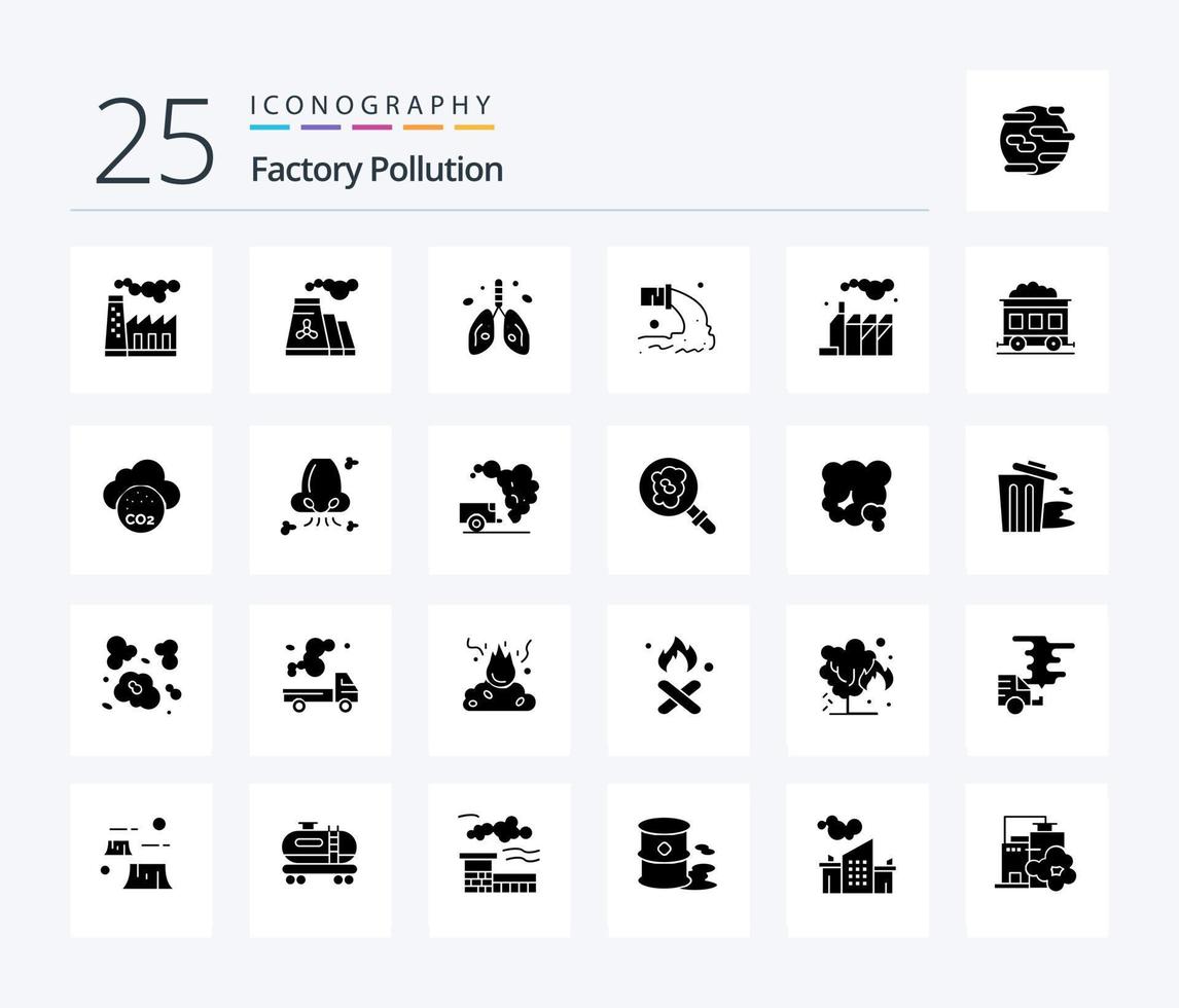 pollution d'usine pack d'icônes de 25 glyphes solides, y compris la pollution. la pollution. organe. énergie. eaux usées vecteur