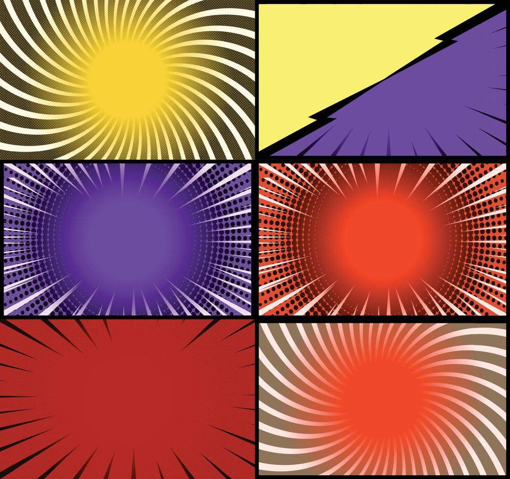 fond de cadres colorés de bande dessinée avec des rayons de demi-teintes effets radiaux et pointillés style pop art vecteur