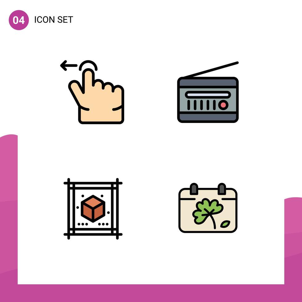 ensemble moderne de 4 pictogrammes de couleurs plates remplies de document de doigt diffusion audio feuille de récepteur radio éléments de conception vectoriels modifiables vecteur