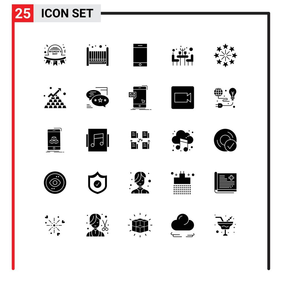 25 glyphes solides vectoriels thématiques et symboles modifiables du dispositif de feu d'artifice du jour de l'indépendance célébration restaurant éléments de conception vectoriels modifiables vecteur