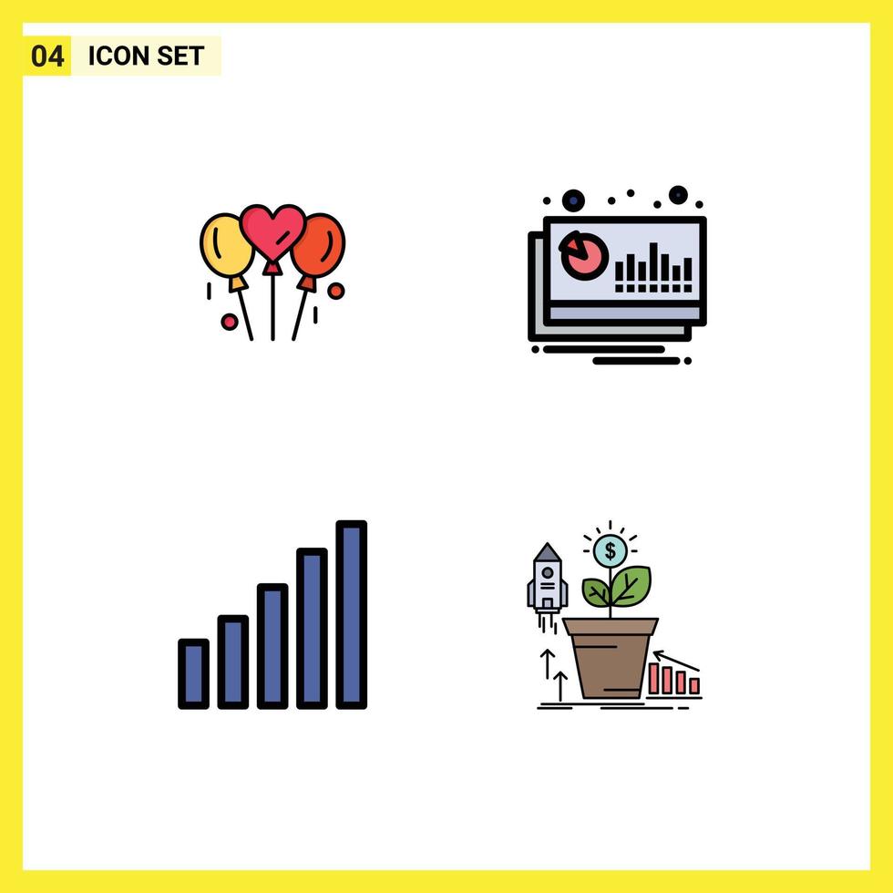 pack de couleurs plates filledline de 4 symboles universels d'éléments de conception vectoriels modifiables de signal financier de coeur de connexion bloone vecteur