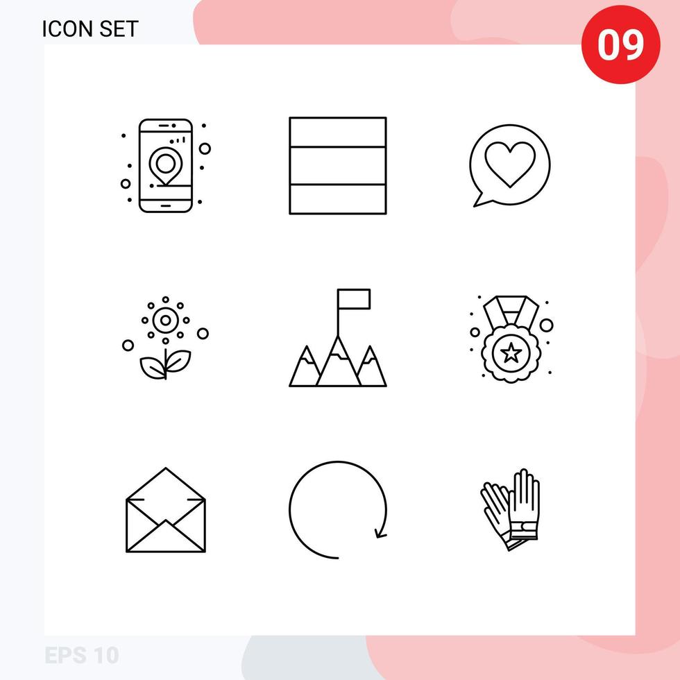 contour de l'interface mobile ensemble de 9 pictogrammes d'éléments de conception vectoriels modifiables de ressort de montagnes de coeur de médaille d'étoile vecteur