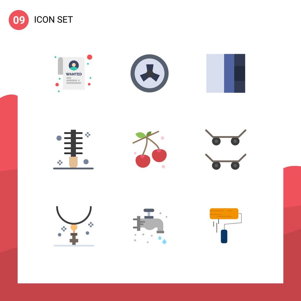 pack de 9 signes et symboles de couleurs plates modernes pour les supports d'impression Web tels que les éléments de conception vectoriels modifiables de salon de cerise de beauté alimentaire de planche à roulettes vecteur