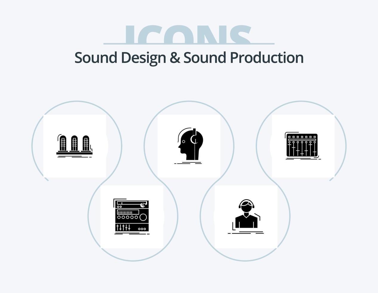 conception sonore et production sonore glyphe pack d'icônes 5 conception d'icônes. écouteurs. méloman. tube. lampe vecteur