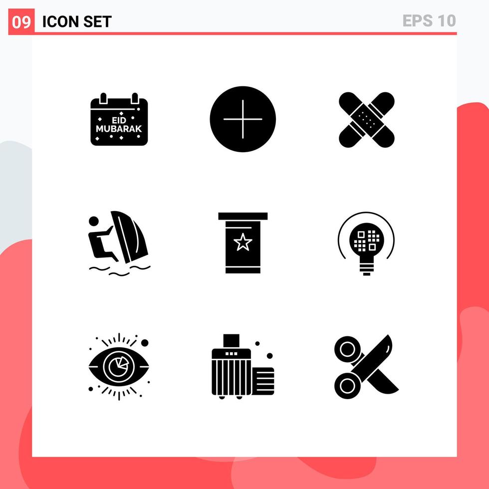 interface mobile glyphe solide ensemble de 9 pictogrammes d'aide à la planche à voile surfeur éléments de conception vectoriels modifiables médicaux vecteur