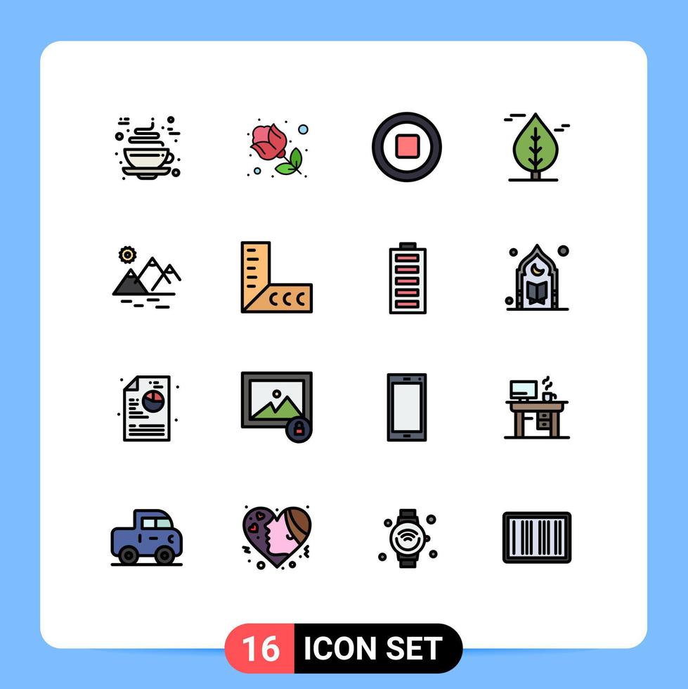 interface mobile ligne remplie de couleurs plates ensemble de 16 pictogrammes de l'environnement des médias de montagne agricole canada éléments de conception vectoriels créatifs modifiables vecteur