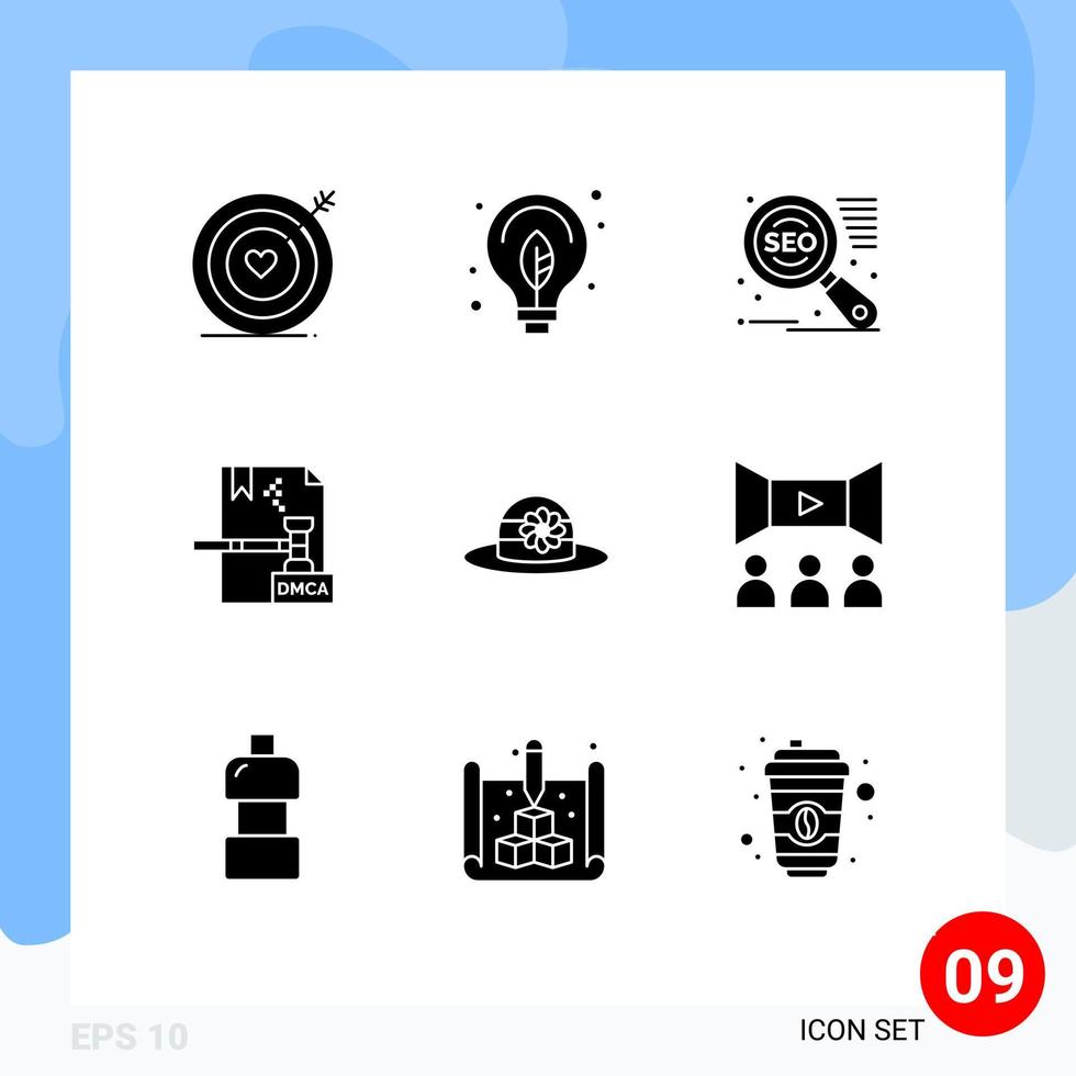 pack de 9 glyphes solides créatifs du moteur de recherche de fichier chapeau dmca copyright éléments de conception vectoriels modifiables vecteur