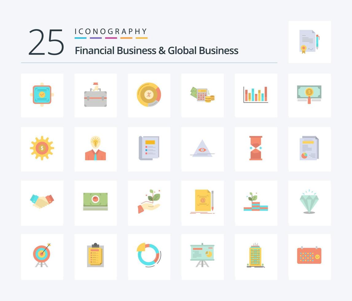 affaires financières et affaires mondiales 25 pack d'icônes de couleur plate, y compris la ligne. solde. tarte. calculatrice. de l'argent vecteur