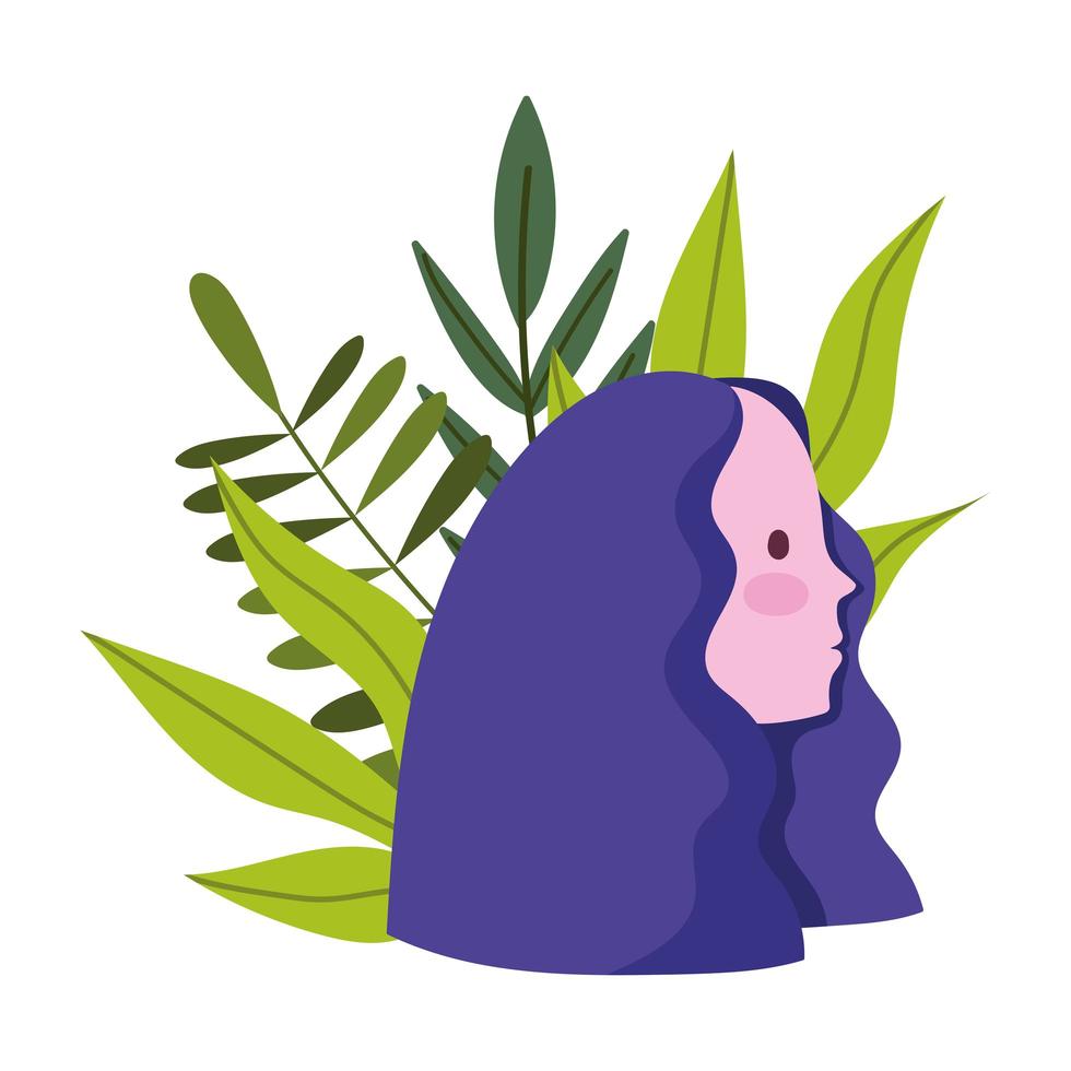 profil fille tête dessin animé avec feuilles nature vecteur