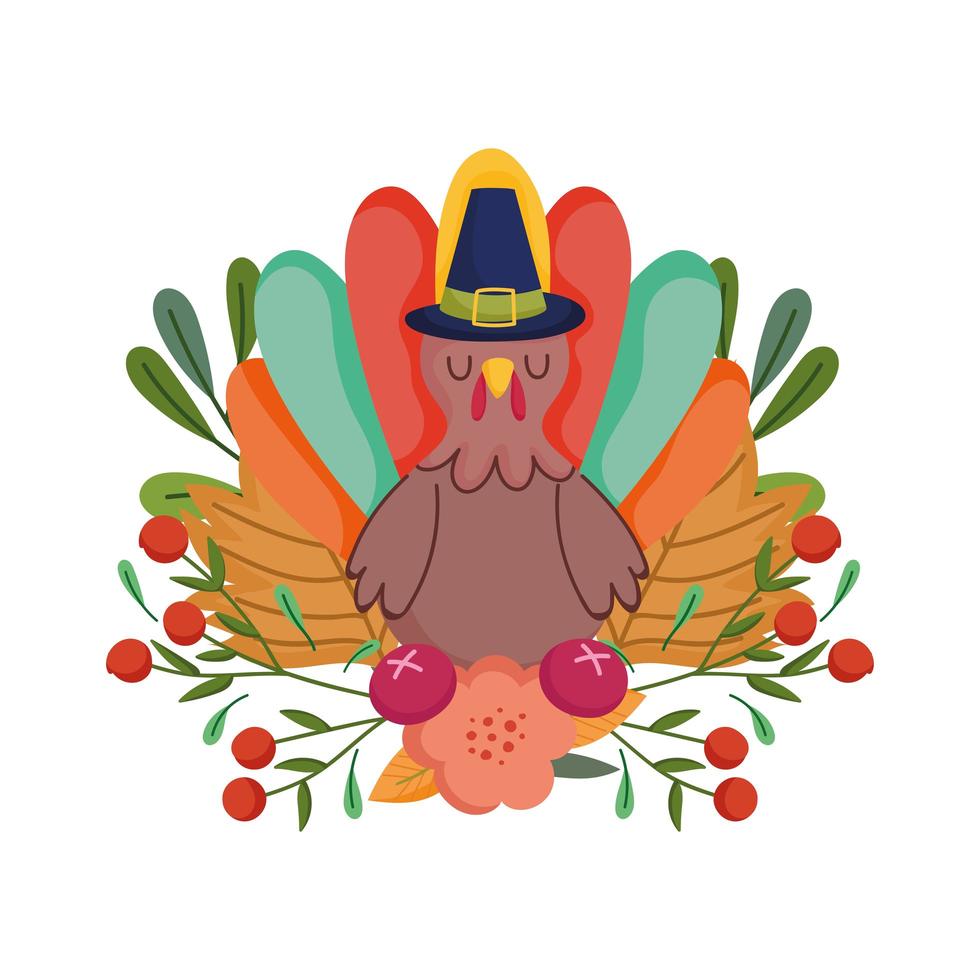 joyeux jour de Thanksgiving, Turquie avec chapeau de pèlerin fleur fruits feuillage vecteur