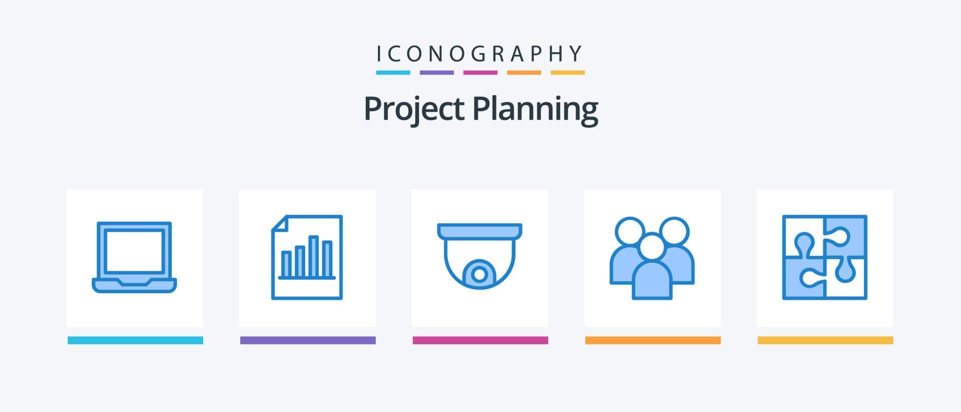 pack d'icônes bleues de planification de projet 5, y compris l'équipe. le management. rapport. groupe. Planification. conception d'icônes créatives vecteur