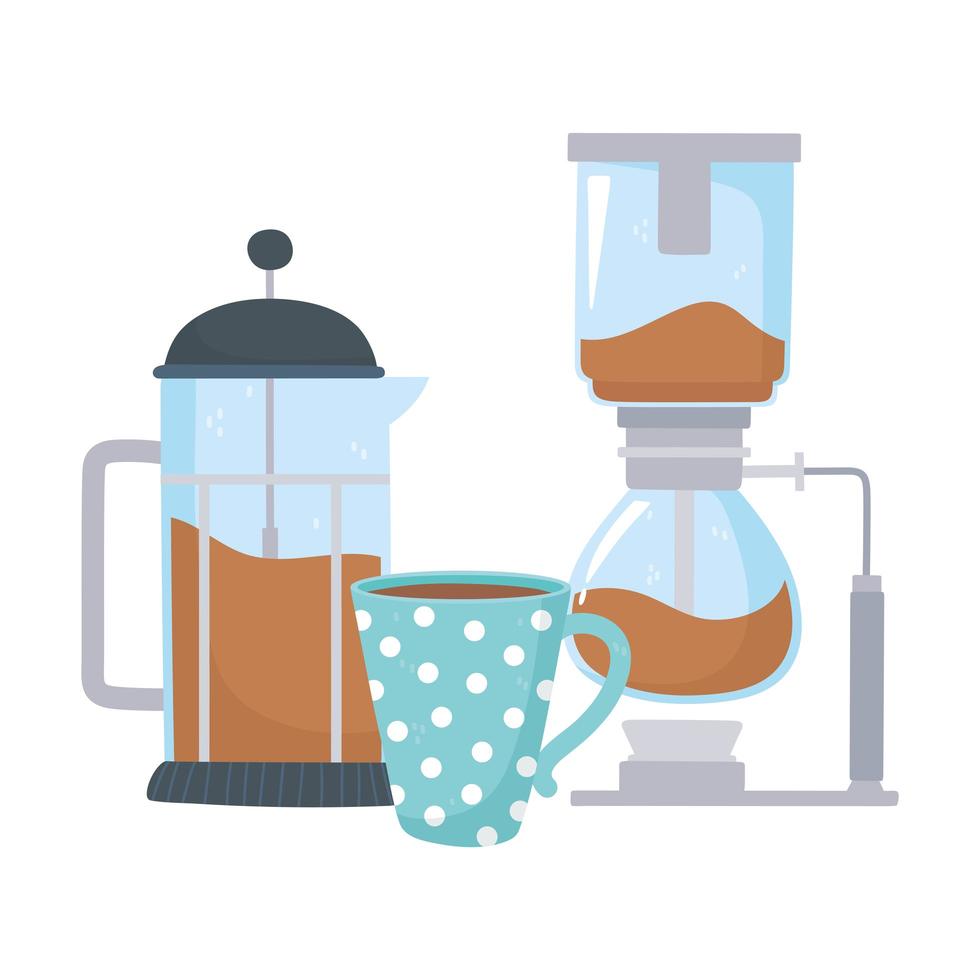méthodes de préparation du café, presse française à siphon et tasse à café vecteur