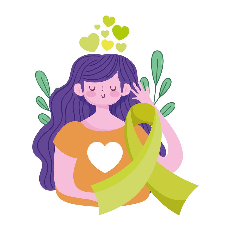 journée mondiale de la santé mentale, coeurs de sensibilisation au ruban vert fille vecteur