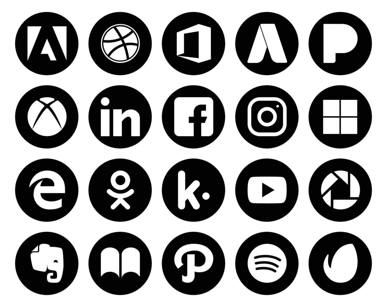 pack de 20 icônes de médias sociaux, y compris ibooks picasa instagram video kik vecteur