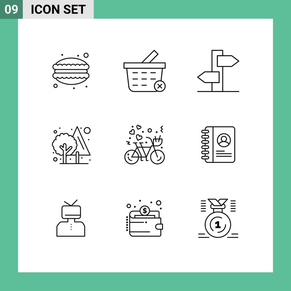 pack de 9 contours créatifs d'éléments de conception vectoriels éditables de vacances à vélo dans la jungle verte vecteur