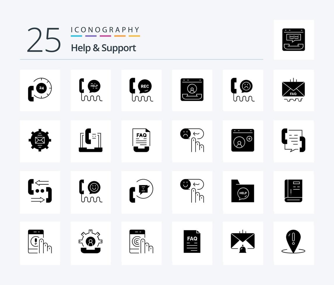 aide et support Pack de 25 icônes de glyphes solides, y compris l'aide. la communication. téléphone fixe. poster. e-mail vecteur