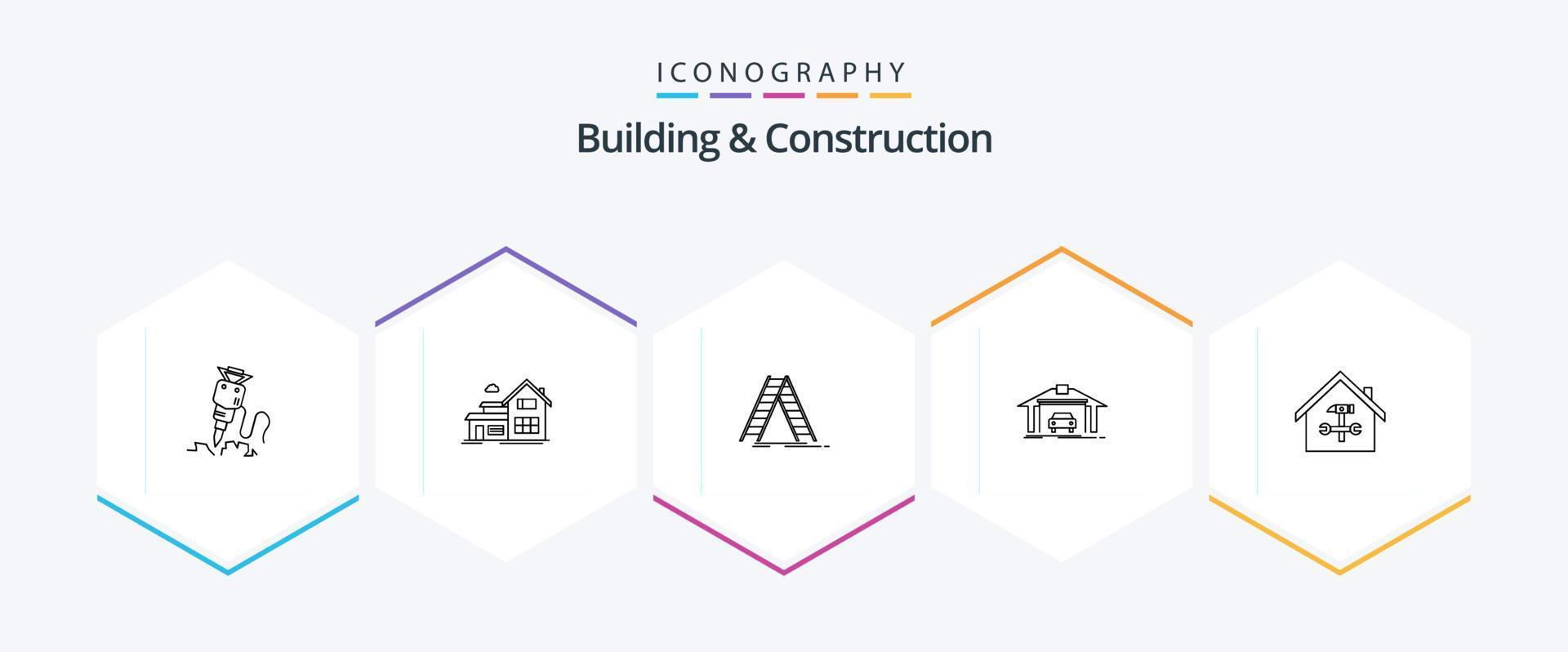 bâtiment et construction pack d'icônes de 25 lignes, y compris la maison. auto. appartement. imeuble. réparation vecteur