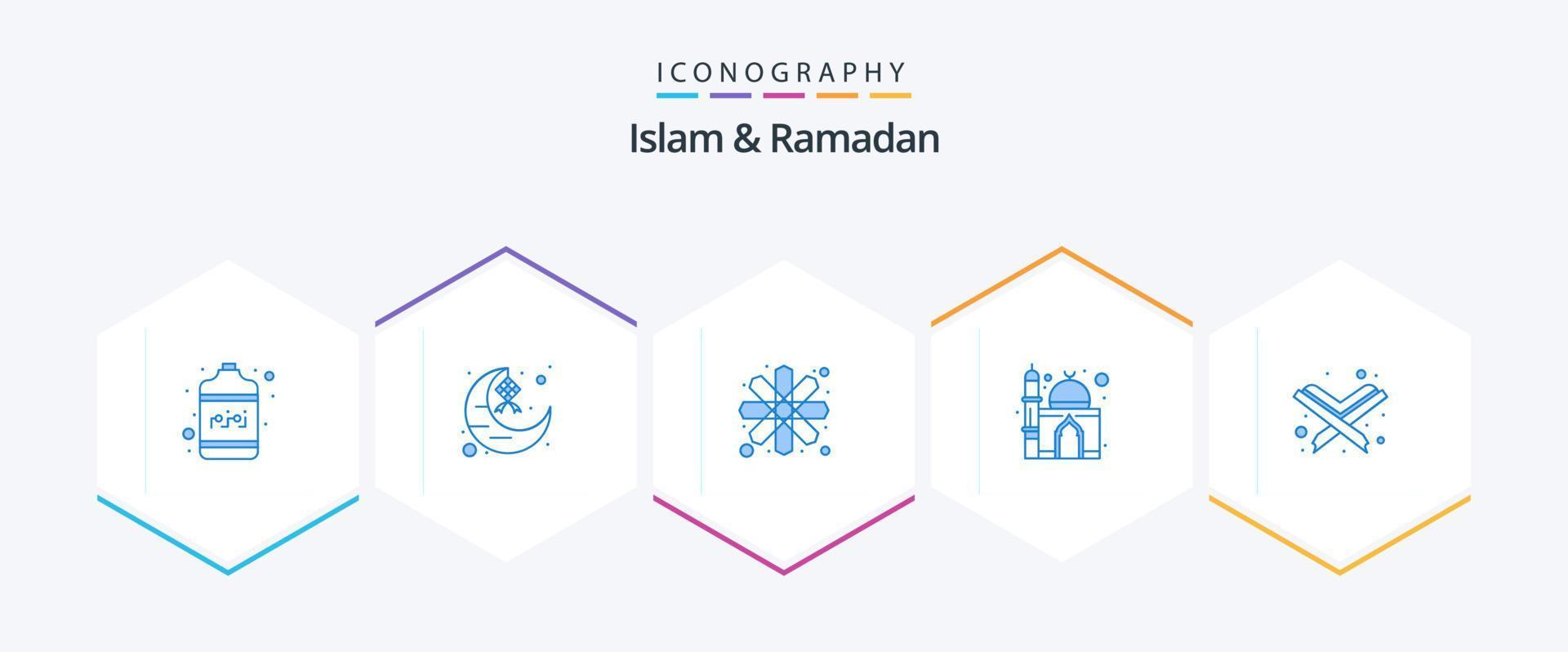 pack d'icônes bleues islam et ramadan 25, y compris l'islam. mosquée. ruban. imeuble. motif vecteur