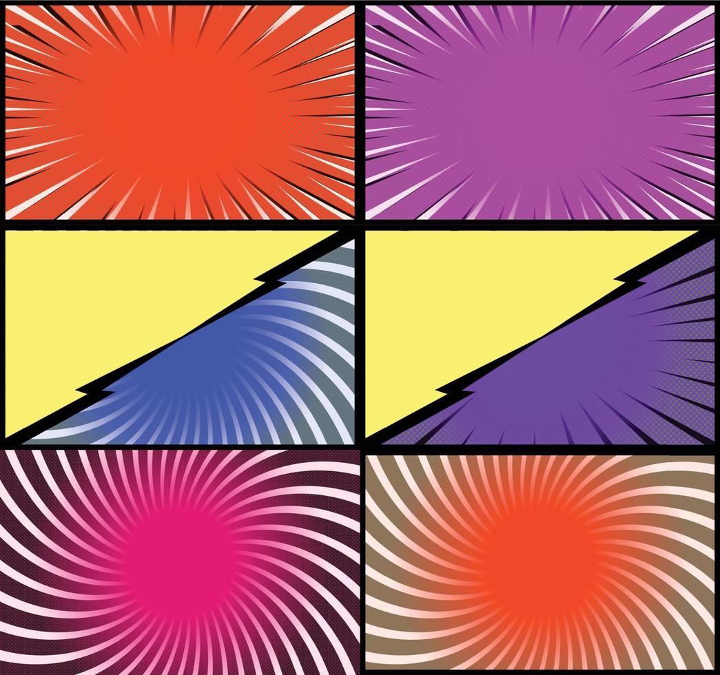 fond de cadres colorés de bande dessinée avec des rayons de demi-teintes effets radiaux et pointillés style pop art vecteur