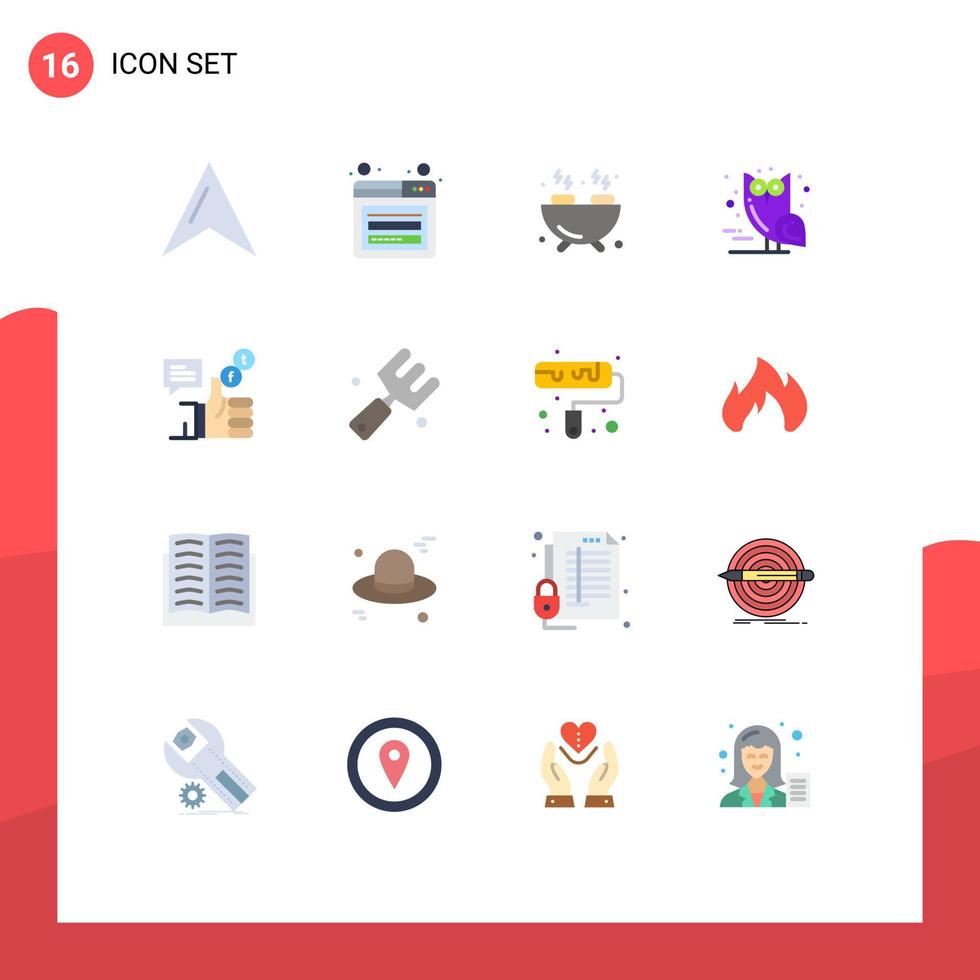 pictogramme ensemble de 16 couleurs plates simples de la campagne de restauration sociale facebook chouette pack modifiable d'éléments de conception de vecteur créatif