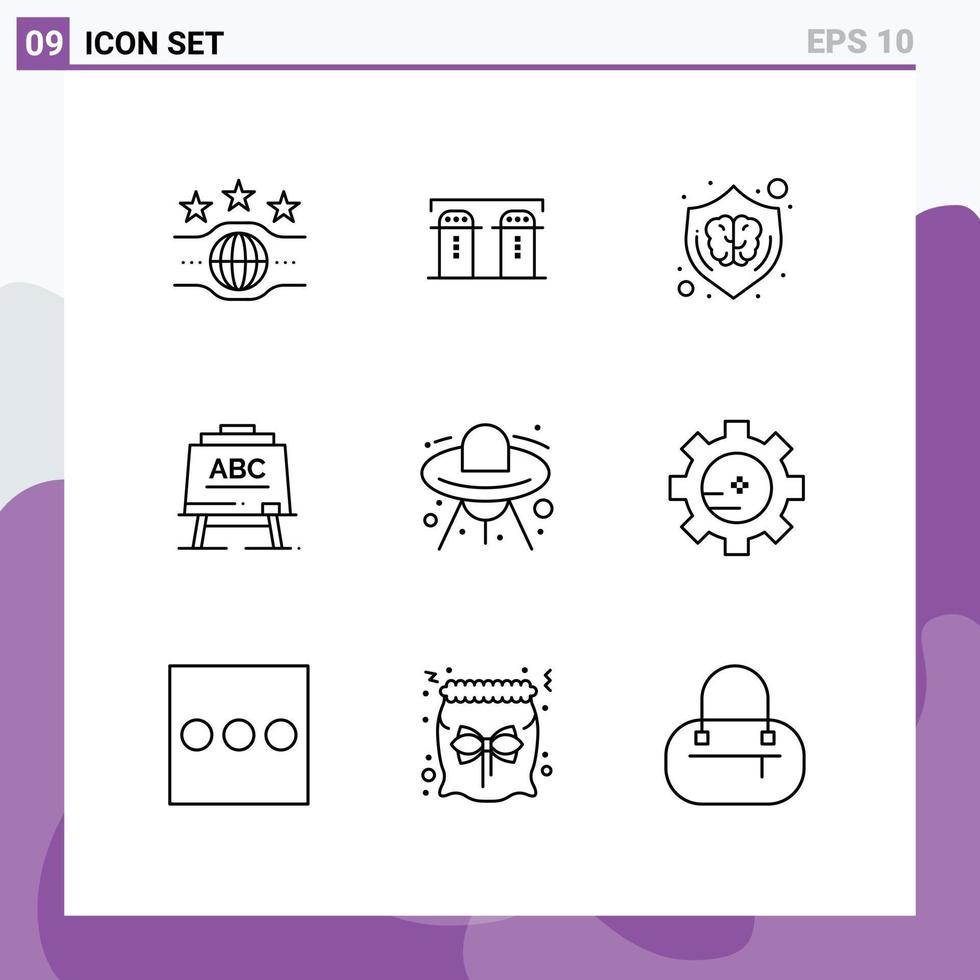 pack de 9 signes et symboles de contours modernes pour les supports d'impression Web tels que les éléments de conception vectoriels modifiables du cerveau de l'enseignant créatif alien abc vecteur