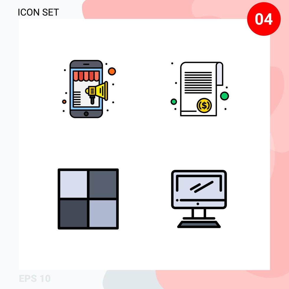 ensemble de pictogrammes de 4 couleurs plates remplies simples de grille en ligne marketing mobile argent éléments de conception vectoriels modifiables par ordinateur vecteur