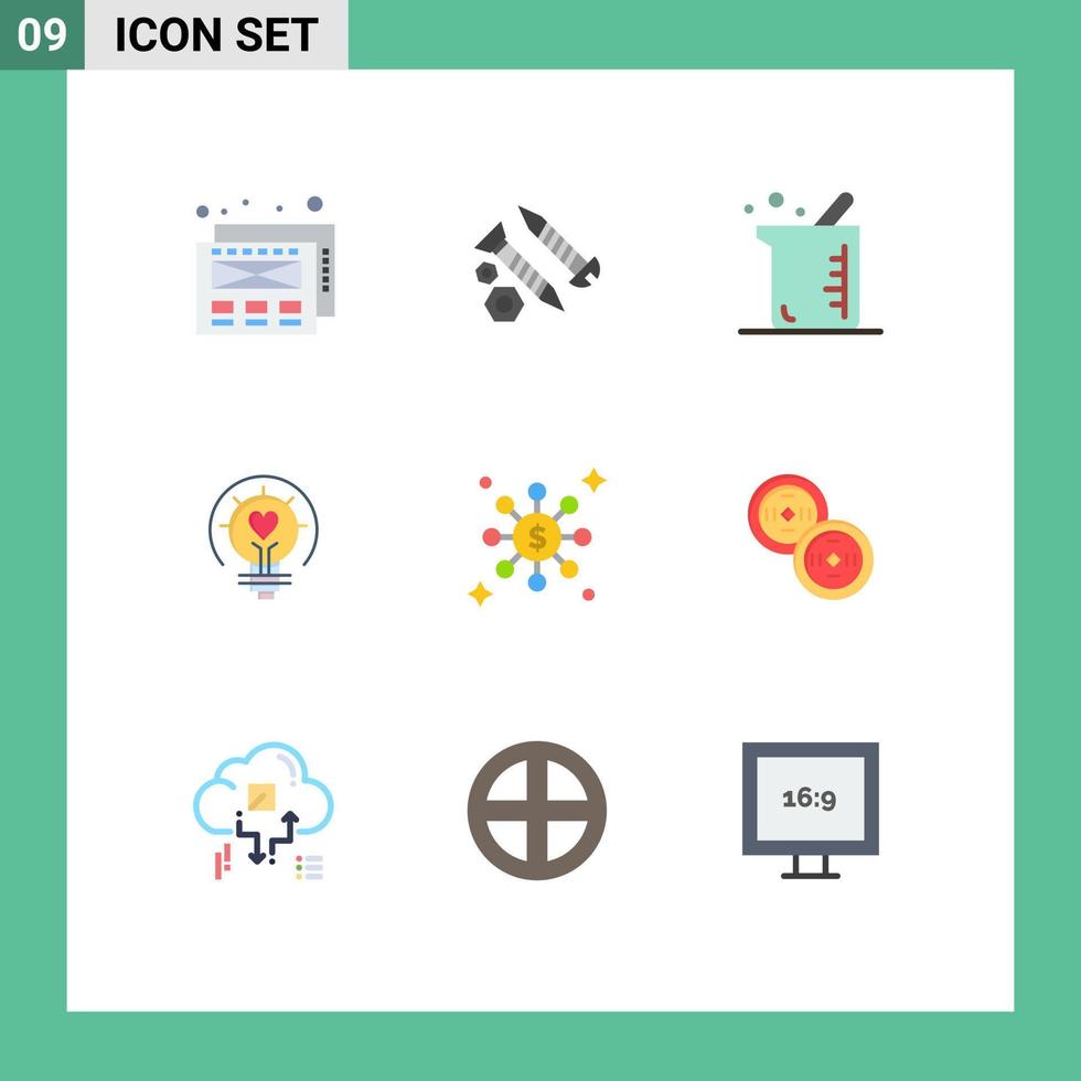 symboles d'icône universelle groupe de 9 couleurs plates modernes de conseils de partage biochimie ampoule valentine éléments de conception vectoriels modifiables vecteur