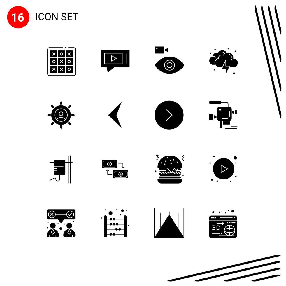 ensemble de 16 glyphes solides vectoriels sur la grille pour les éléments de conception vectoriels modifiables de l'appareil cloud du service de foudre météorologique vecteur