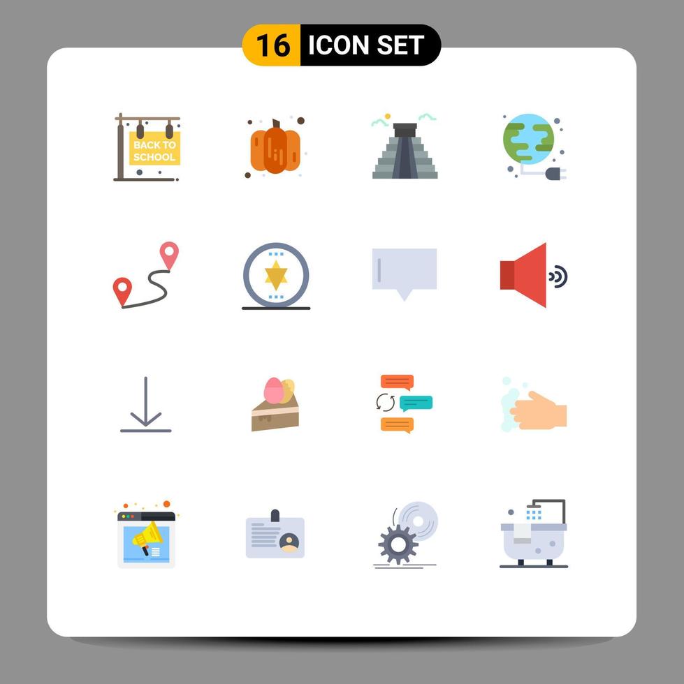 pack de 16 signes et symboles de couleurs plates modernes pour les supports d'impression Web tels que l'emplacement de l'itinéraire repère globe plug pack modifiable d'éléments de conception de vecteur créatif