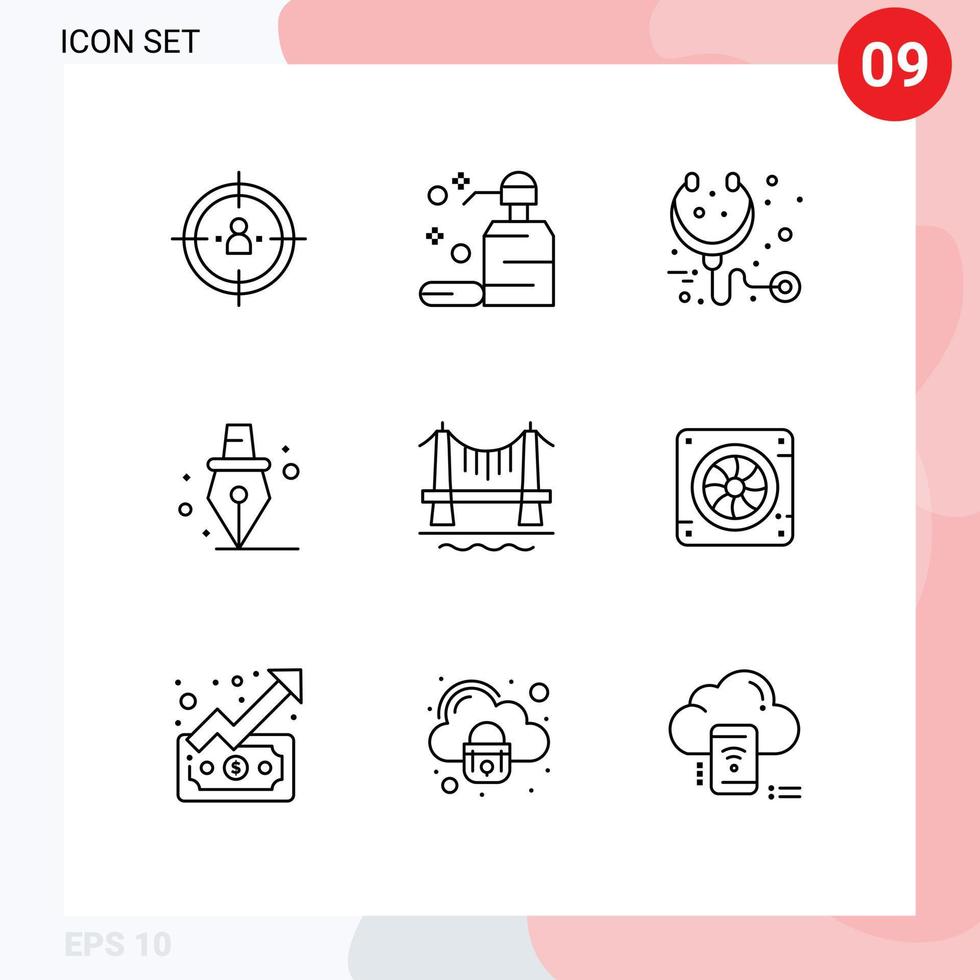 contour de l'interface mobile ensemble de 9 pictogrammes d'éléments de conception vectoriels modifiables de stéthoscope de stylo de savon d'école de construction vecteur