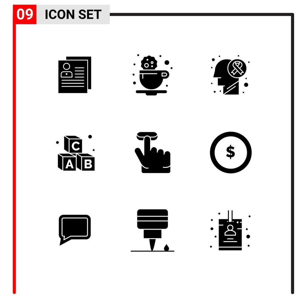 9 glyphes solides universels définis pour les applications web et mobiles éducation scolaire cookie alphabet cancer éléments de conception vectoriels modifiables vecteur