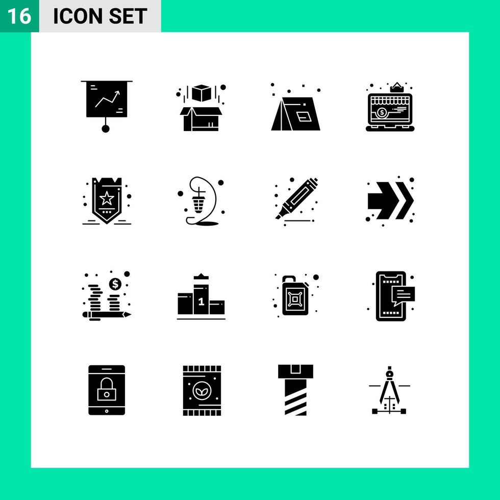 interface mobile glyphe solide ensemble de 16 pictogrammes d'éléments de conception vectoriels modifiables de voyage en ligne de camp de magasin de marketing vecteur