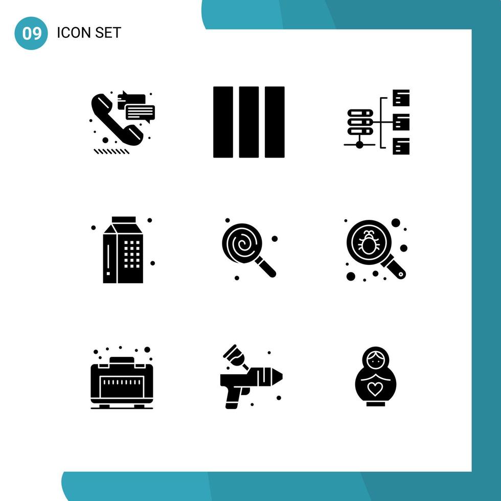 pack de lignes vectorielles modifiables de 9 glyphes solides simples d'éléments de conception vectorielle modifiables de boissons de serveur de lait alimentaire vecteur