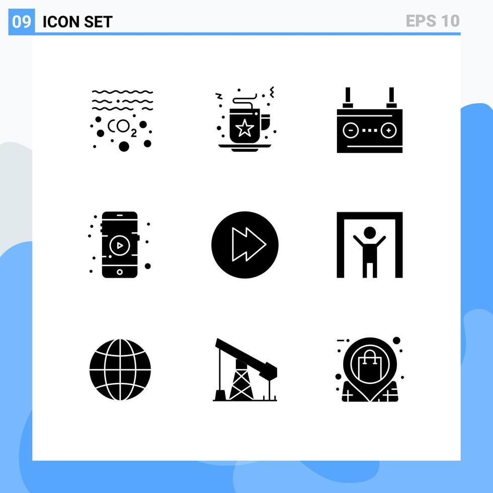 interface mobile glyphe solide ensemble de 9 pictogrammes d'éléments de conception vectoriels modifiables d'énergie de film d'accumulateur de jeu multimédia vecteur
