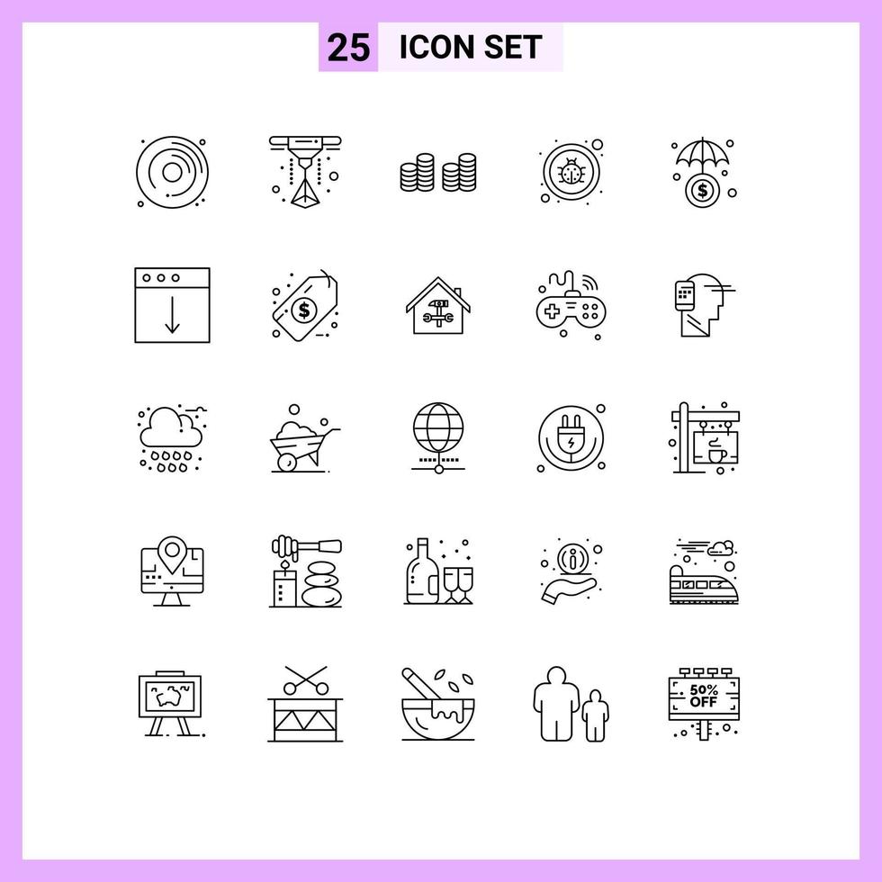 ligne d'interface mobile ensemble de 25 pictogrammes d'éléments de conception vectoriels modifiables de virus d'investissement de protection de téléchargement vecteur