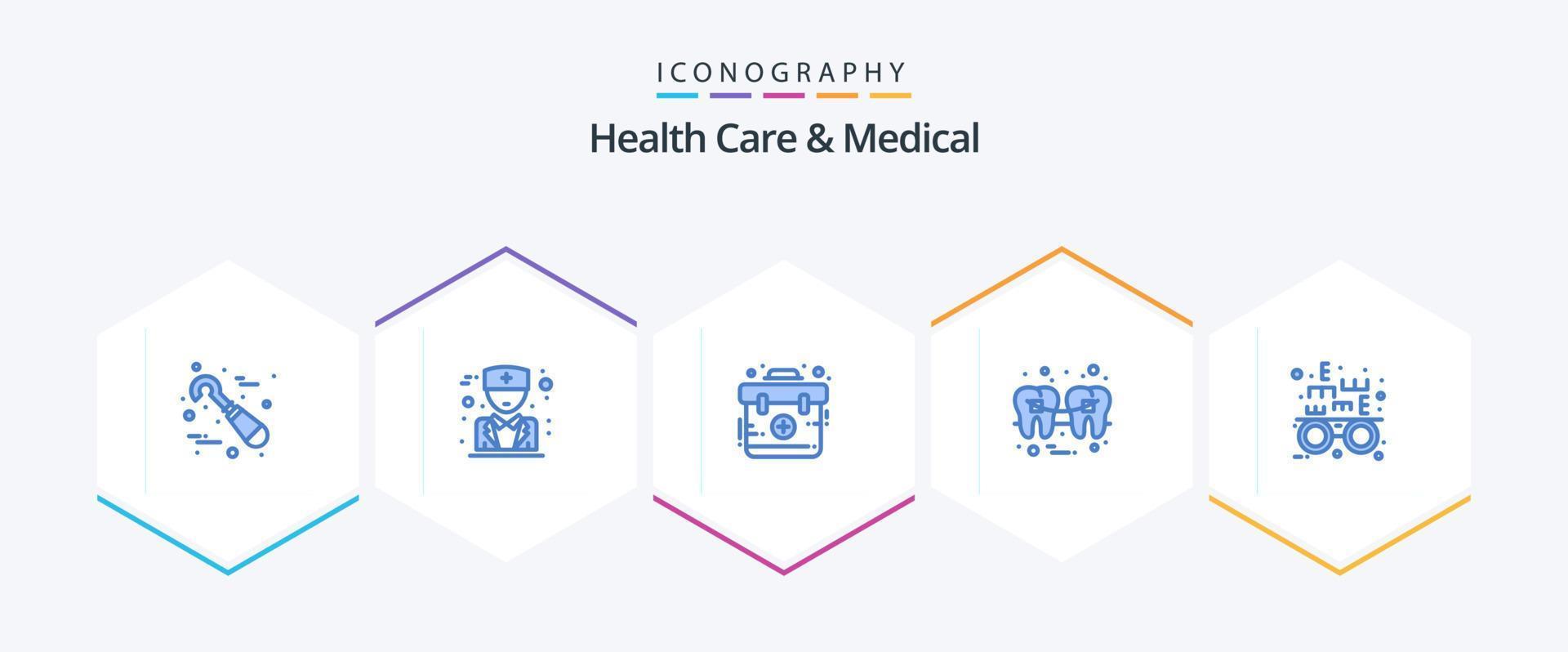 soins de santé et pack médical de 25 icônes bleues, y compris optométriste. câble. urgence. dent. remplissage vecteur