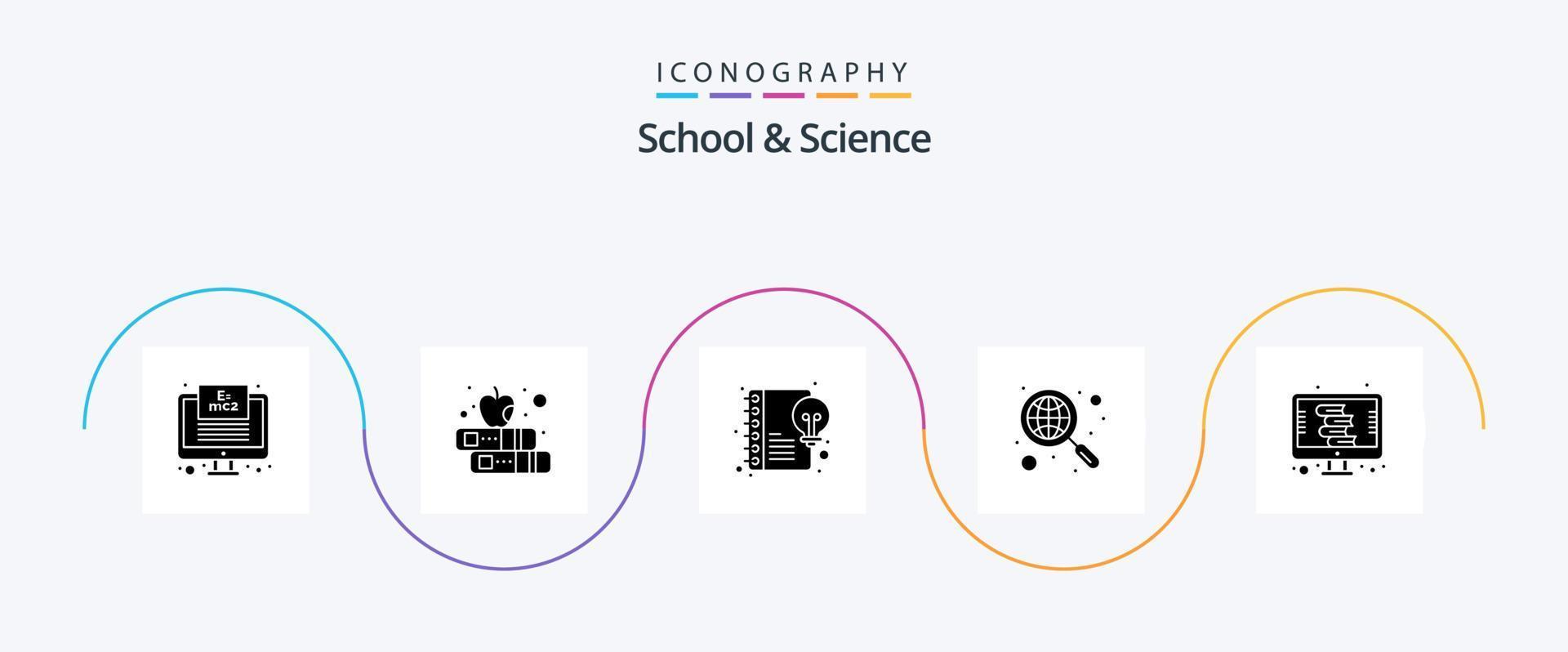 pack d'icônes de glyphe 5 pour l'école et la science, y compris le dictionnaire. recherche. contenu. recherche mondiale. découvrir vecteur