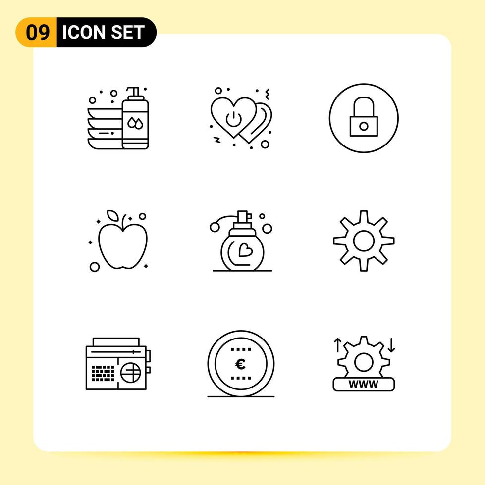 ensemble de pictogrammes de 9 contours simples d'éléments de conception vectoriels modifiables de lecteur multimédia apple de puissance de fruit de parfum vecteur