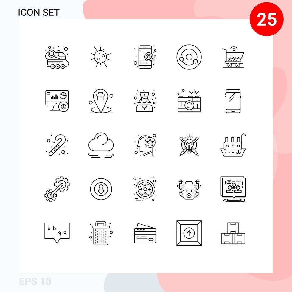 ligne d'interface mobile ensemble de 25 pictogrammes d'éléments de conception vectoriels modifiables de biologie de molécule de seo de chariot wifi vecteur