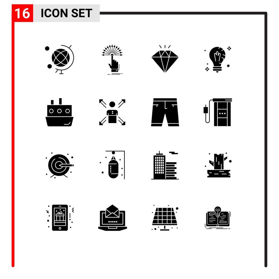 ensemble de pictogrammes de 16 glyphes solides simples d'ampoule de solution de diamant de lumière de voiture éléments de conception vectoriels modifiables vecteur