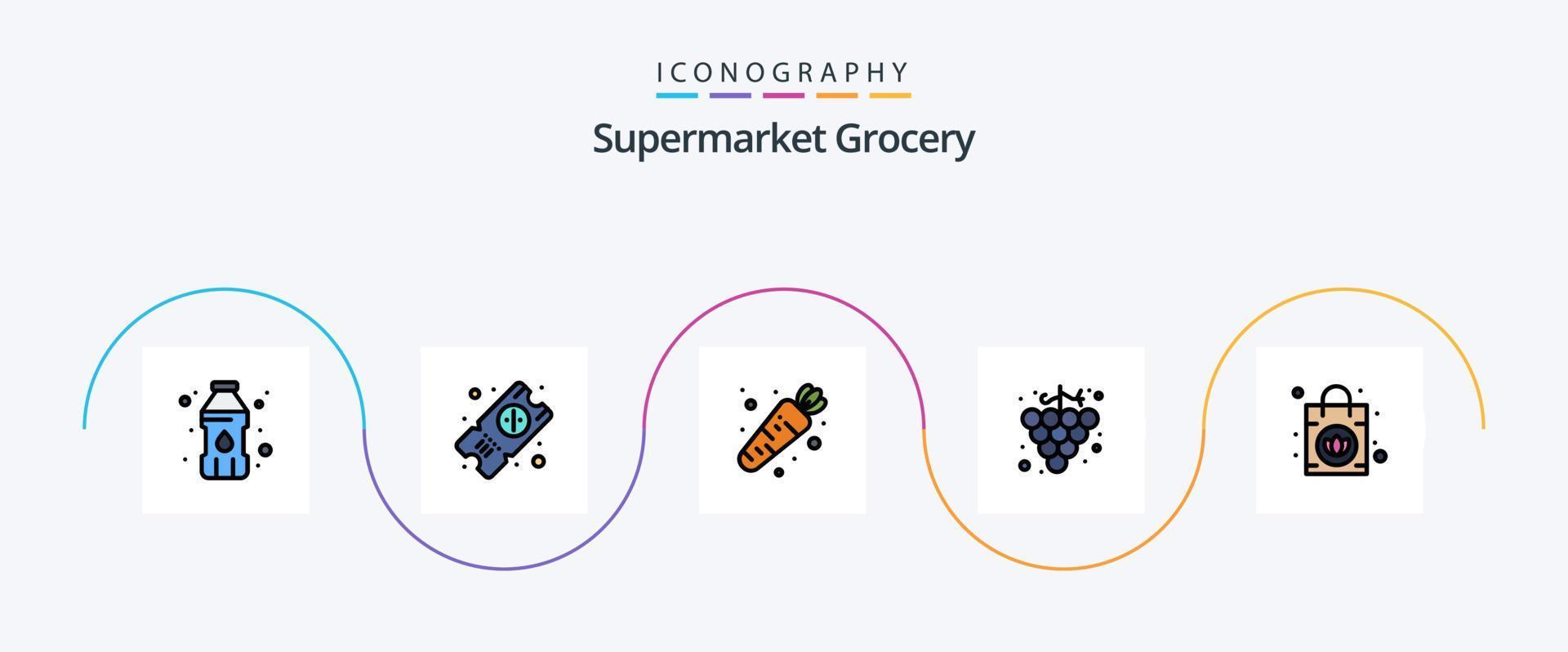 pack d'icônes plat rempli de 5 lignes d'épicerie, y compris. légume. sac. Sac à main vecteur