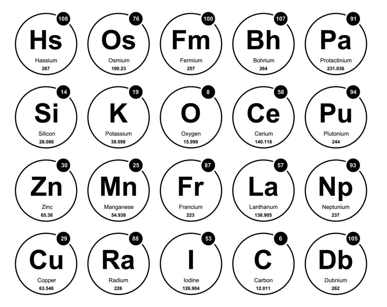 20 tableau préodique de la conception du pack d'icônes d'éléments vecteur