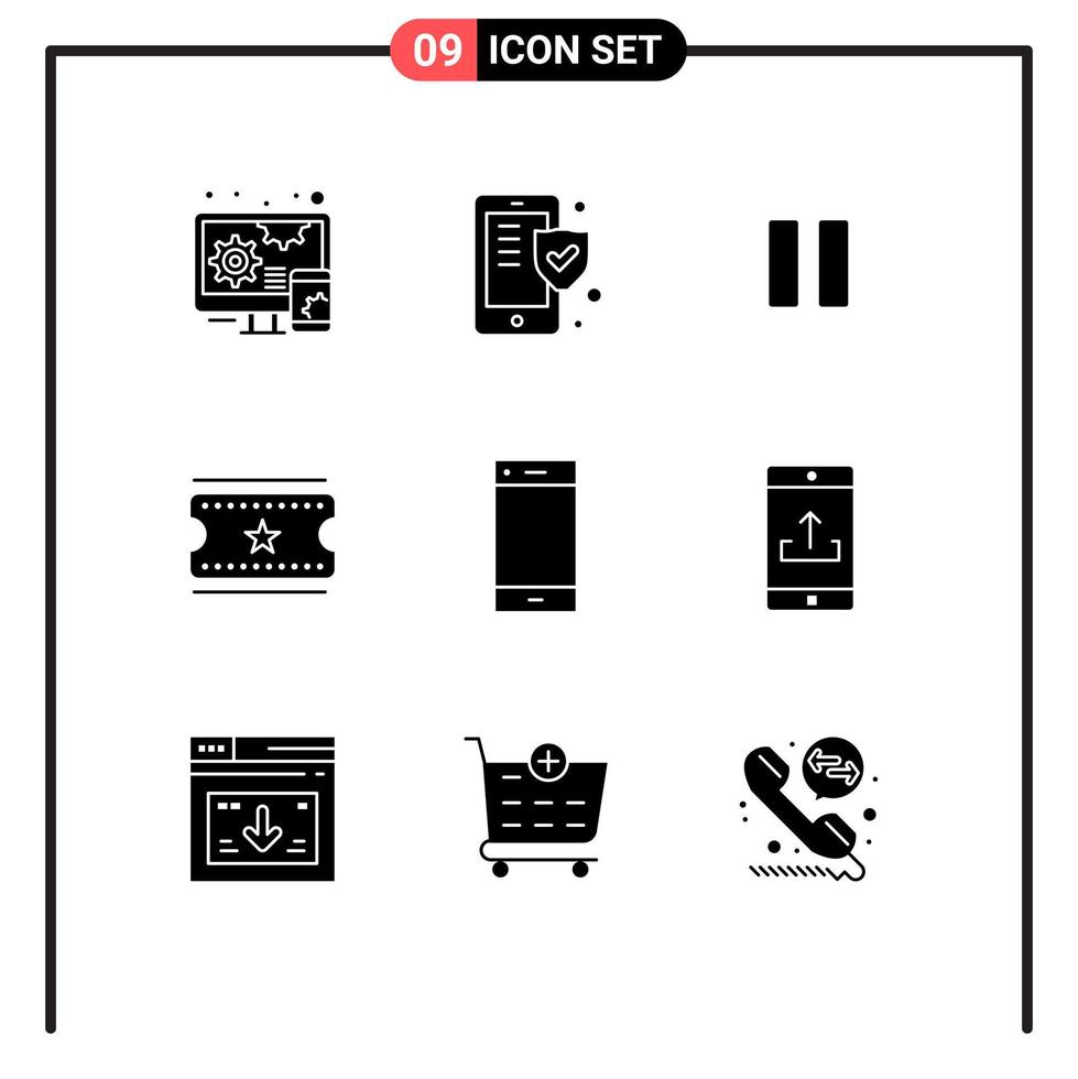 9 signes universels de glyphe solide symboles de l'anneau contacter les médias appeler les billets de film éléments de conception vectoriels modifiables vecteur
