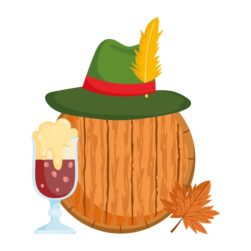 festival oktoberfest, chapeau de bière noire et tonneau en bois, fête traditionnelle allemande vecteur