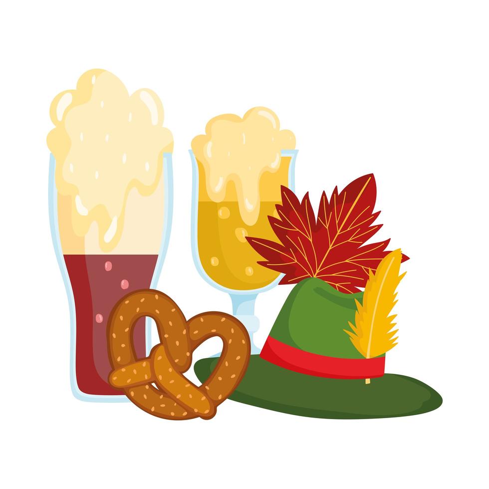festival oktoberfest, bières avec chapeau en mousse et bretzel, fête traditionnelle allemande vecteur
