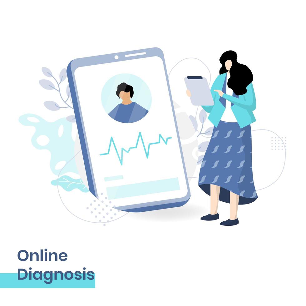 illustration plate du diagnostic en ligne, le concept d'une femme médecin fournissant des diagnostics de patient via smartphone, apte à être placé sur les sites Web de page de destination et le développement de sites Web mobiles. vecteur